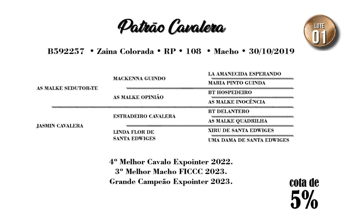 Geração PATRÃO CAVALERA - COTA DE 5%