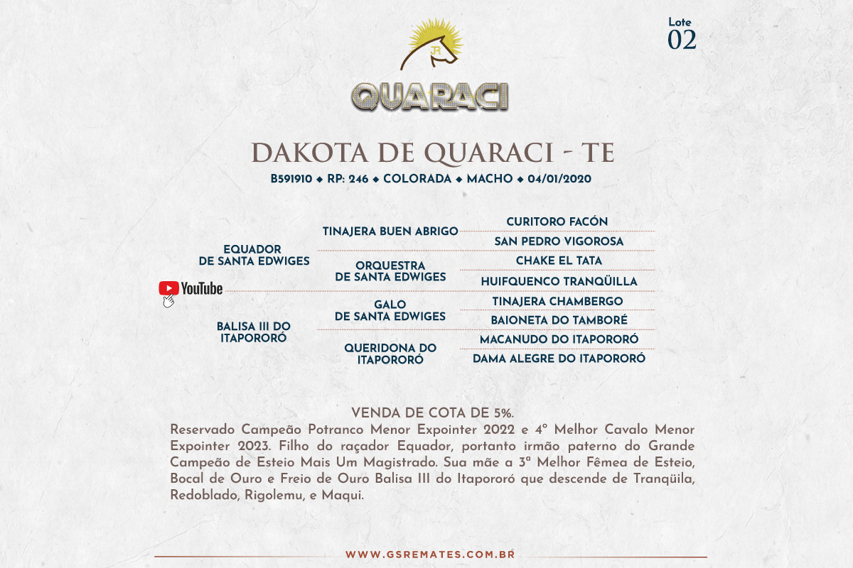 Geração DAKOTA DE QUARACI-TE (COTA DE 5%)